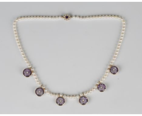 A gold, amethyst and cultured pearl necklace, formed as a single row of slightly graduated cultured pearls, the front with si
