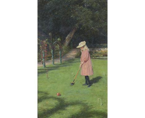 Joseph Farquharson - A Girl playing Croquet on a Summers Day, late 19th/early 20th century oil on canvas, signed recto, galle