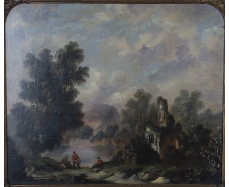 Follower of Sebastian Pether - River Landscape with Fishermen near a Castle Ruin, 19th century oil on canvas, 49.5cm x 50cm, 