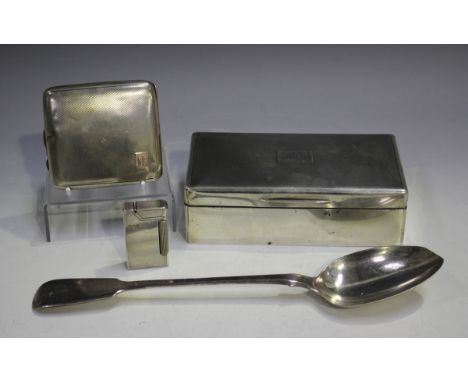 A William IV silver Fiddle pattern serving spoon, London 1835 by John James Whiting, length 30cm, and a silver rectangular en