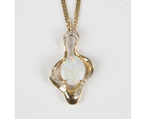 A gold, opal and diamond pendant in a pierced abstract openwork design, claw set with the oval opal to the centre, detailed '
