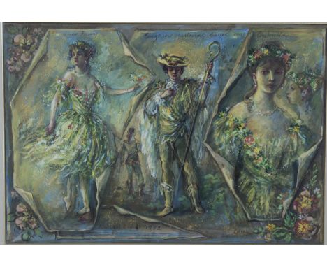 David Walker - Costume Design for the production of Cinderella at the English National Ballet, watercolour with gouache, sign