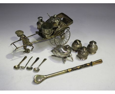 A late 19th century Chinese silver three-piece condiment set, comprising salt, pepper and mustard, each of globular form, dec