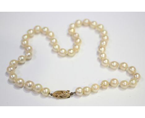 A single row necklace of cultured pearls on a 9ct gold clasp, length 41cm, with a Ciro certificate and case.Buyer’s Premium 2