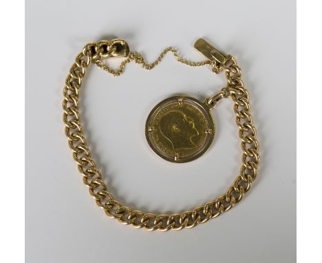 An Egyptian gold curblink bracelet on a snap clasp, fitted with a gold mounted Edward VII sovereign 1908, the sovereign mount