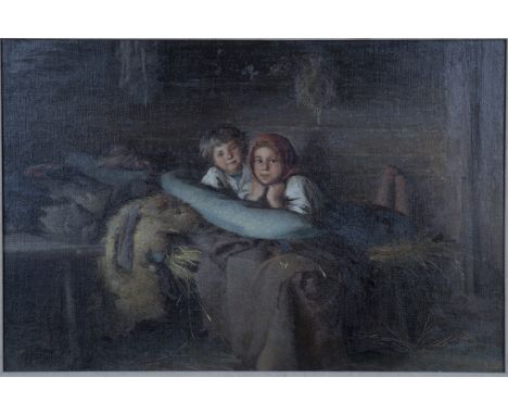 Russian School - Children on a Rustic Bed, 20th century oil on canvas, indistinctly signed, 35cm x 52.5cm, within a painted a