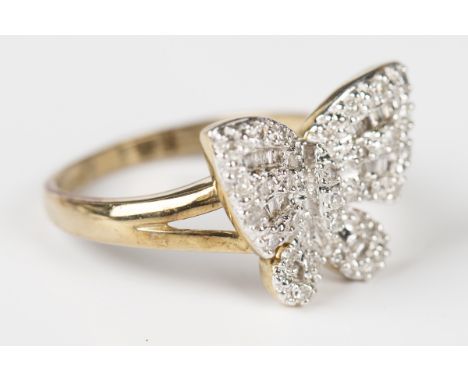 A 9ct gold and diamond ring, designed as a butterfly, mounted with circular cut and baguette diamonds, weight 2.7g, ring size