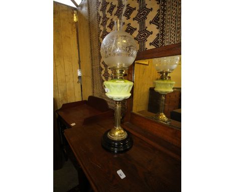 Victorian Brass Table Oil Lamp with Opaque Glass Reservoir &amp; Etched Shade