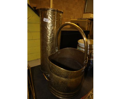 Brass Coal/Log Bucket and brass stick stand