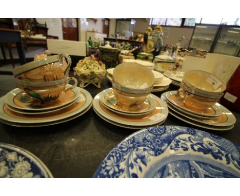 6 Person Cup, Saucer &amp; Plate Set with Hand Painted Kingfisher Design