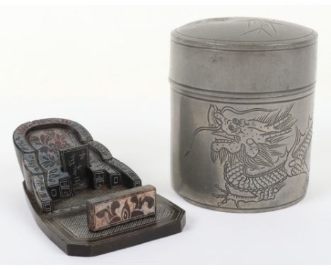 A 20th century Chinese Kuthing Satow pewter tea caddy, engraved with bamboo and dragon, with a Chinese hard stone carved desk