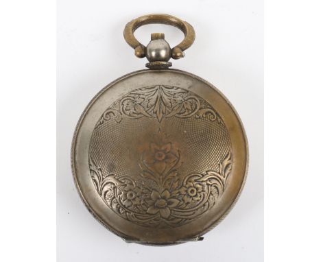 An interesting early 20th century silverplated full hunter pocket watch, the enamel dial decorated with a steam train, possib