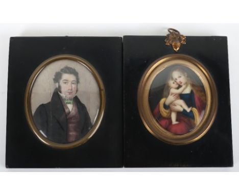 A 19th century portrait miniature on porcelain of a gentleman (cracked), believed to be John Lee (1796-1846), in black frame 