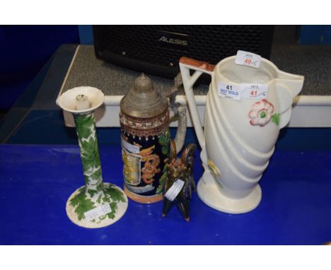 MIXED LOT COMPRISING A GERMAN BEER STEIN, PORTUGUESE CANDLESTICK, ART POTTERY MODEL RAM AND AN ART DECO PERIOD FLORAL DECORAT