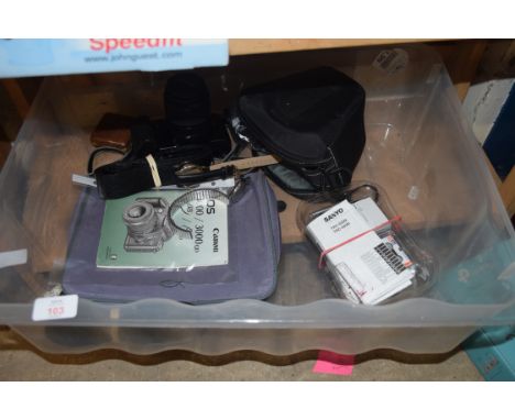 MIXED LOT COMPRISING A CANON EOS3000 SLR CAMERA, A SANYO DICTAPHONE WITH MINI-TAPES AND TWO WRIST WATCHES
