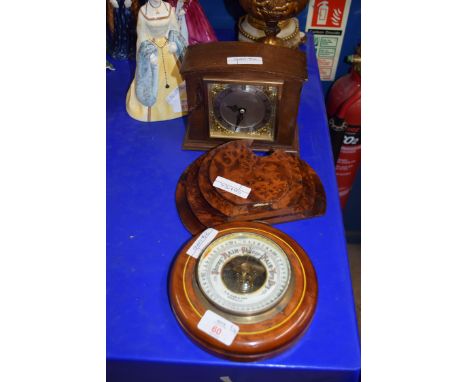 SMALL ANEROID BAROMETER BEARING RETAILERS MARK FOR A E COE &amp; SON, NORWICH TOGETHER WITH A BURR WOOD LETTER RACK AND A SMA