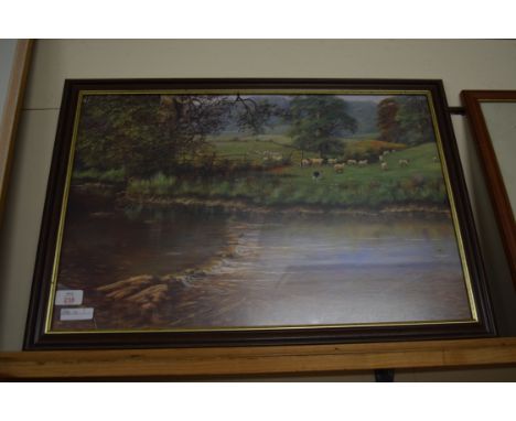 COLOURED PRINT OF A SHEPHERD WITH SHEEP, F/G 67CM WIDE