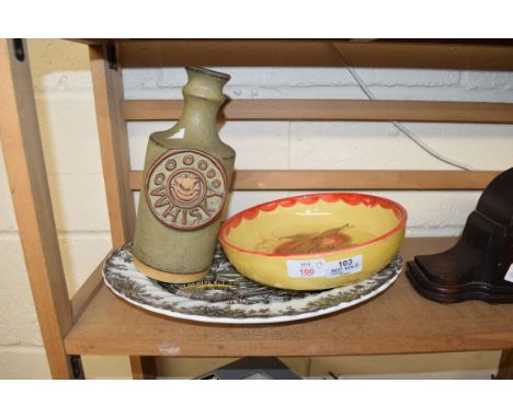 MYOTT MEAT PLATE, A POTTERY WHISKY DECANTER AND A FURTHER BOWL (3)