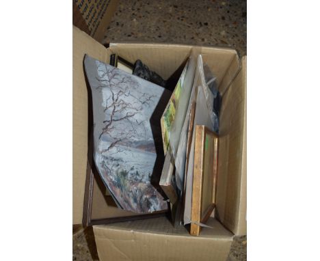 BOX OF MIXED PICTURES TO INCLUDE FRAMED AND UNFRAMED WATERCOLOURS AND OILS ON BOARD STUDIES - KING JOHNS BRIDGE, TEWKESBURY S