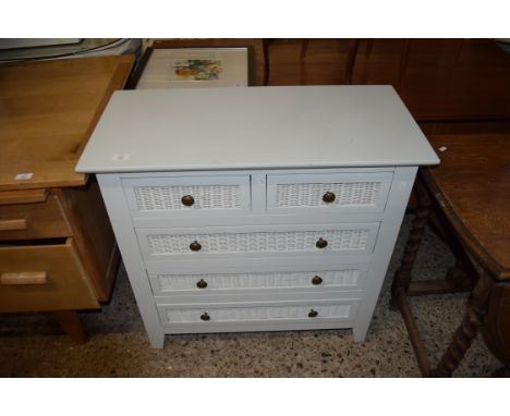 MODERN LIGHT WOOD FINISH FIVE DRAWER CHEST, THE DRAWERS WITH WICKER FRONTS, 81CM WIDE