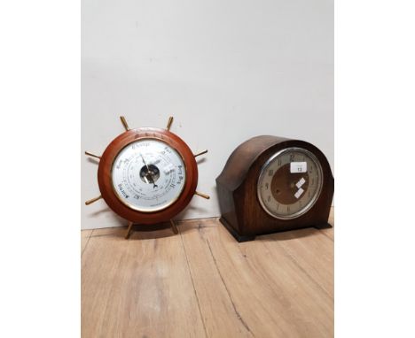 OAK MANTLE CLOCK TOGETHER WITH A SHIPS WHEEL BAROMETER