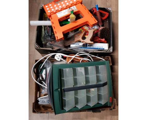2 BOXES OF MISCELLANEOUS HAND TOOLS PLUS SCREW BIT FLIPPER BIN AND BELDRAY COLLAPSIBLE STEP STOOL