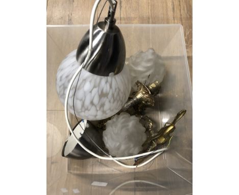 2 BRASS WALL LIGHT FITTINGS AND 2 FROSTED GLASS SHADES PLUS GLASS HANGING GLOBE CEILING LIGHT