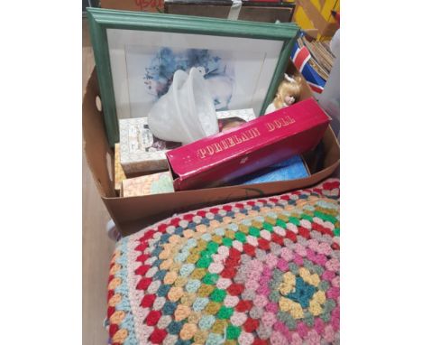 A BOX OF MISCELLANEOUS INC PORCELAIN DOLLS CLOUDED LAMP SHADES ETC
