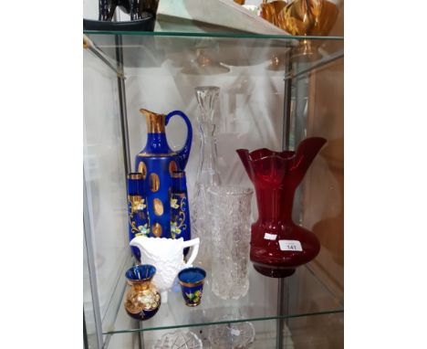 LOT OF STUDIO GLASS VENETIAN ENAMELLED DECANTER ETC