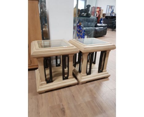 A PAIR OF GREEK STYLE GLASS TOPPED LAMP TABLES