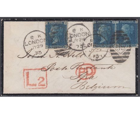 STAMPS POSTAL HISTORY 1871 mourning envelope from London to Spa Belgium L2 late fee added, sent 29th July 1873, attractive it
