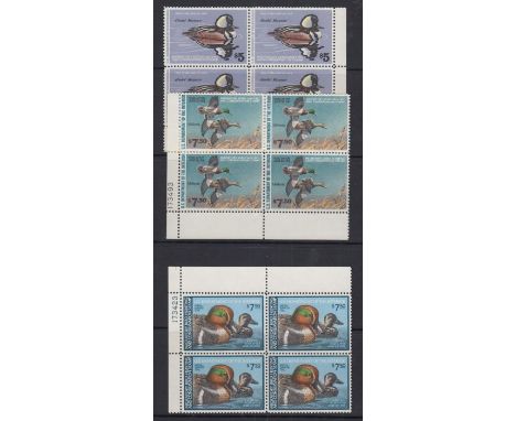 STAMPS USA Duck stamps, three blocks of four with 1979 $5, 1981 $7.50 and 1980 $7.50. All fine U/M. Face value $80