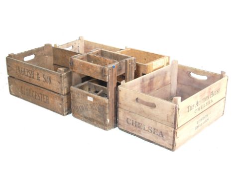 A set of five vintage industrial wooden advertising trugs / crates for Moët &amp; Chandon, The Auction - Chelsea, Hammerton, 