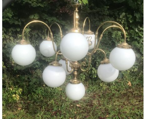 A large antique Victorian style&nbsp; brass ten branch chandelier - electrolier light. The brass chandelier with scrolled arm