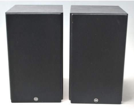 A pair of vintage Mordaunt model M10 speakers 80 watts 8 ohm with black ash cases and fabric covers. Measures 21 cm high x 13