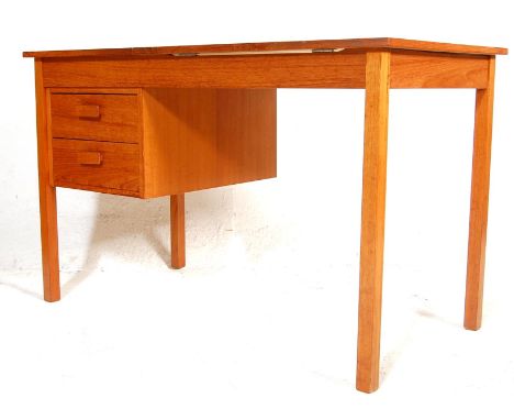 A vintage Danish inspired teak wood veneer metamorphic desk / drawing desk / draughtsman's tablehaving a bank of two floating