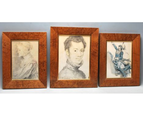 A group of three vintage burr walnut picture frames of a classical shape with gilded margins. Measures 39 cm x 30 cm.