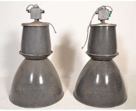 A set of 2 mid century Industrial factory black enamel painted cylindrical factory pendant light / lamp shades of circular fo