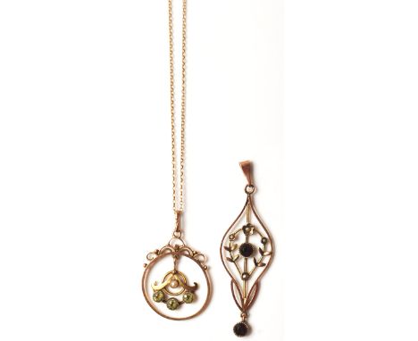 Two 9ct gold early 20th Century Edwardian Art Nouveau open work pendants to include one of round form being set with three ro