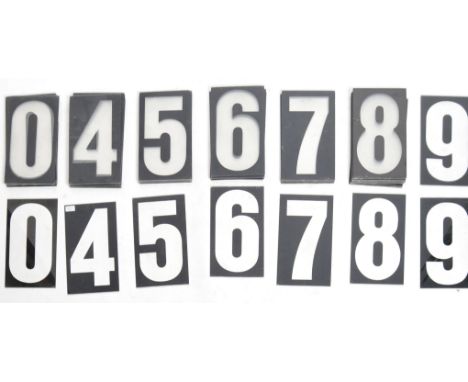 A quantity of 20th Century retro vintage perspex insert numbers of rectangular form. Each numbered panel having clear numbers