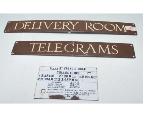 A group of three vintage mid century Post Office enamel signs. “ Delivery Room “, “ Telegrams “ and “ collections “ two signs