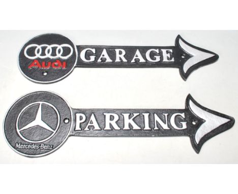 Two vintage style cast iron car signs one having the iconic Mercedes Benz three pointed star, the word " parking " plus an ar