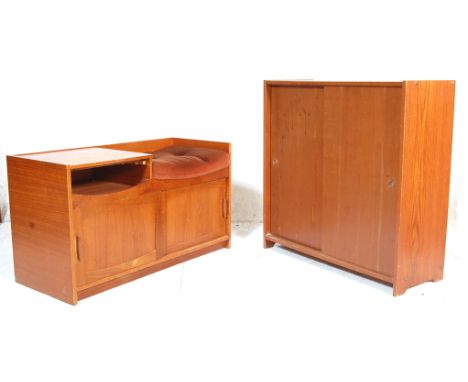 A vintage retro 20th century teak wood telephone table / seat in the squares pattern having a cushioned seat above a panelled