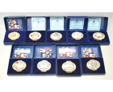 A collection of seven 1980’s Halcyon Days Enamels and two Bilston &amp; Battersea Enamels trinket boxes / years commemorative