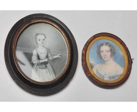 Two small 19th Century Victorian portrait miniatures to include a gouache on ivory portrait of a young woman wearing a blue d