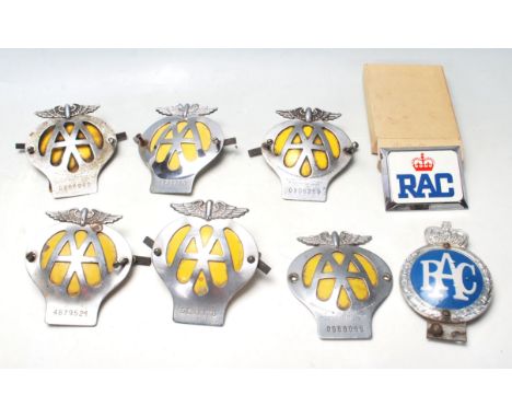 A group of six vintage 20th century AA &nbsp;“Automobile Associations “ classic car membership car badges of typical form wit