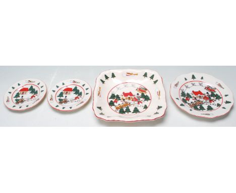 A group of vintage Mason’s Christmas village pattern collectable plates by Marsten-Mandrajji. Four graduated plates with Chri