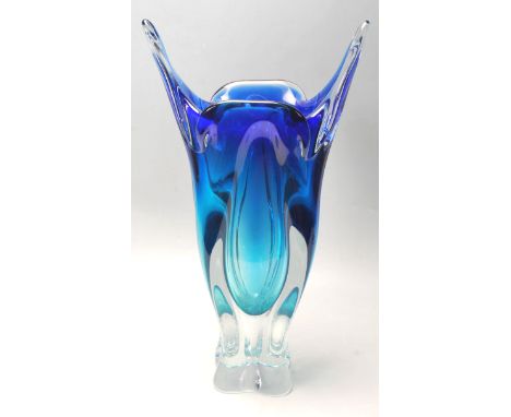 A vintage retro 1960's Czechoslovakian studio art glass vase by Josef Hospodka in a graduating blue colourway in the ' cat ea