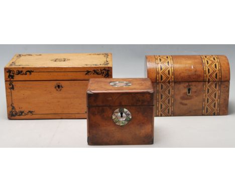 A group of three antique Victorian wooden boxes to include a Tunbridge ware inlaid box having a domed lid, a square shaped wa