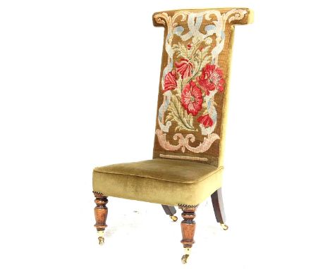 A 19th century Victorian prayer chair / prie dieu&nbsp; bedroom chair having T -shape high back being upholstered in a green 
